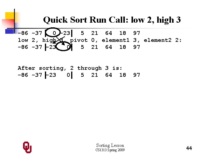 Quick Sort Run Call: low 2, high 3 -86 -37 0 -23 5 21