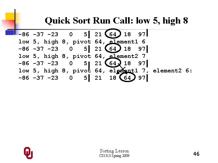 Quick Sort Run Call: low 5, high 8 -86 low -86 -37 -23 0
