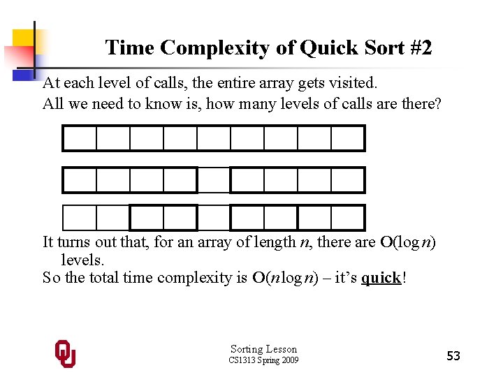 Time Complexity of Quick Sort #2 At each level of calls, the entire array