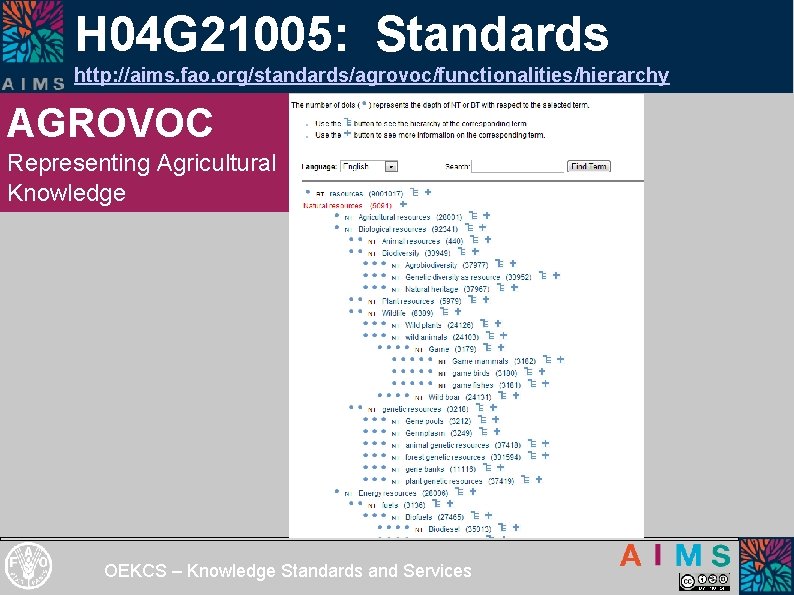 H 04 G 21005: Standards http: //aims. fao. org/standards/agrovoc/functionalities/hierarchy AGROVOC Representing Agricultural Knowledge OEKCS