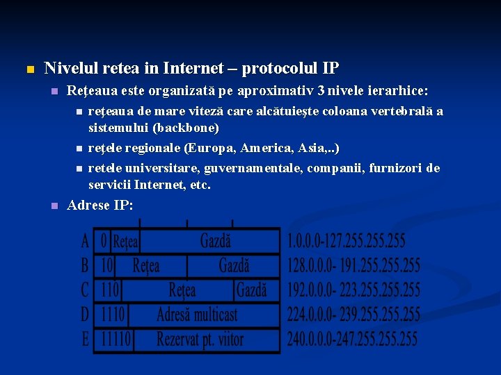 n Nivelul retea in Internet – protocolul IP n n Reţeaua este organizată pe