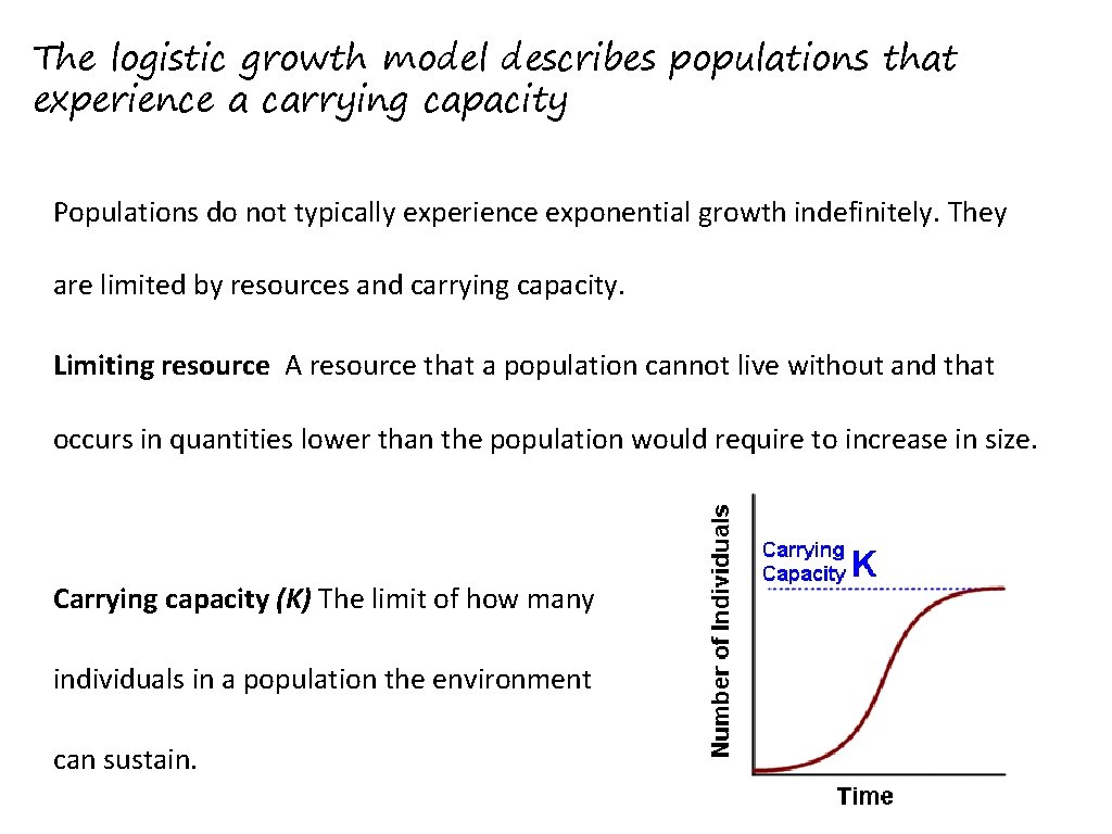 The logistic growth model describes populations that experience a carrying capacity Populations do not