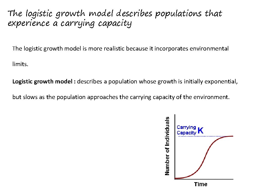 The logistic growth model describes populations that experience a carrying capacity The logistic growth