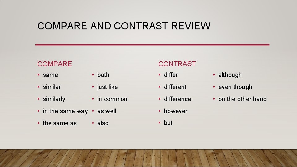 COMPARE AND CONTRAST REVIEW COMPARE CONTRAST • same • both • differ • although