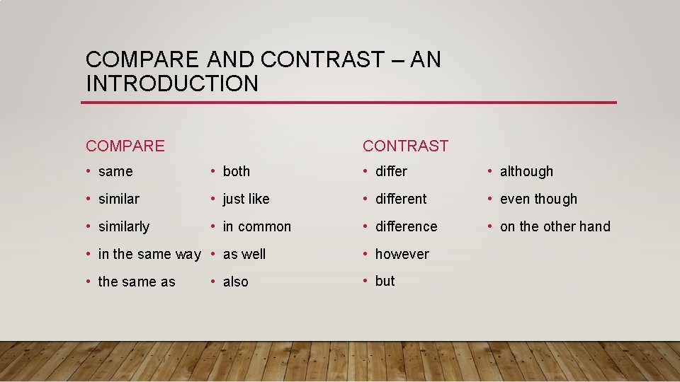 COMPARE AND CONTRAST – AN INTRODUCTION COMPARE CONTRAST • same • both • differ