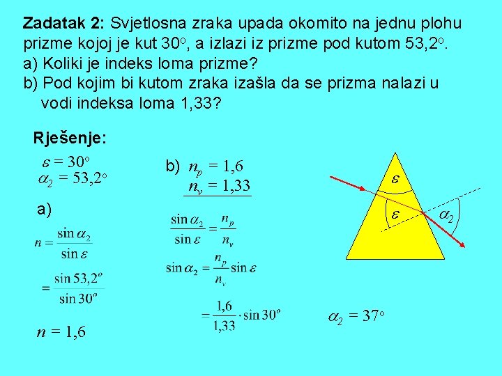 Zadatak 2: Svjetlosna zraka upada okomito na jednu plohu prizme kojoj je kut 30