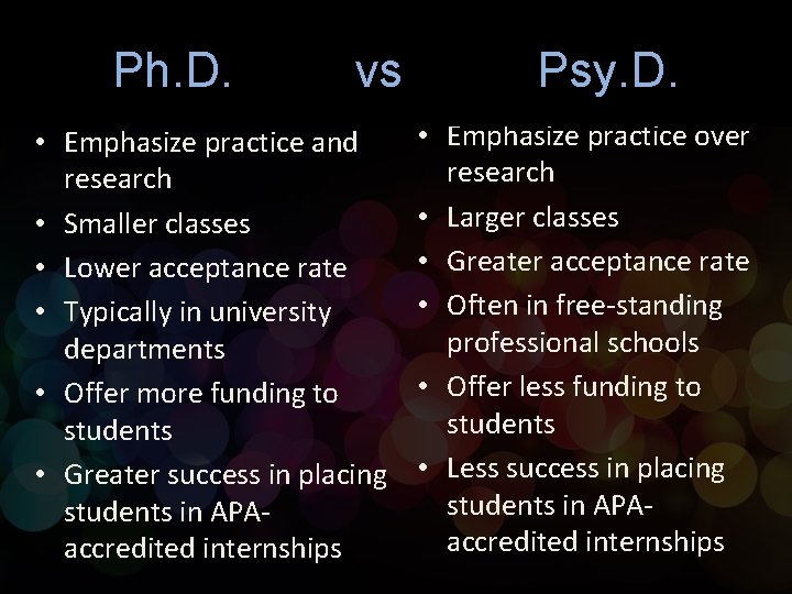 Ph. D. vs • Emphasize practice and research • Smaller classes • Lower acceptance