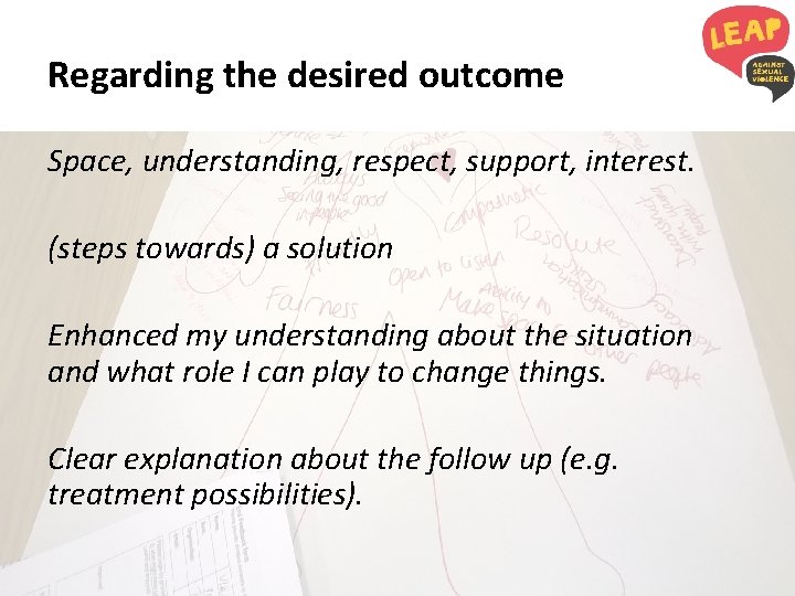 Regarding the desired outcome Space, understanding, respect, support, interest. (steps towards) a solution Enhanced