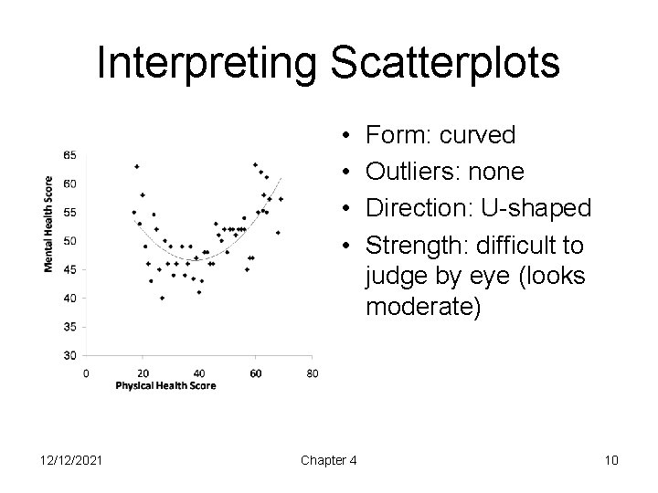 Interpreting Scatterplots • • 12/12/2021 Chapter 4 Form: curved Outliers: none Direction: U-shaped Strength:
