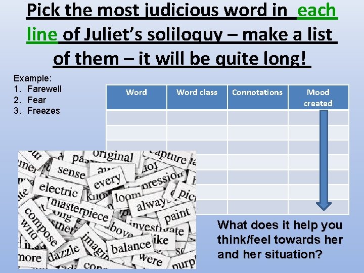 Pick the most judicious word in each line of Juliet’s soliloquy – make a Pick the most judicious word in each line of Juliet’s soliloquy – make a