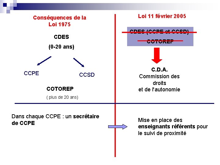 Conséquences de la Loi 1975 CDES (CCPE et CCSD) CDES COTOREP (0 -20 ans)