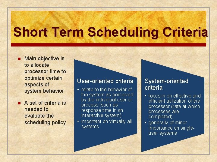 Short Term Scheduling Criteria n n Main objective is to allocate processor time to