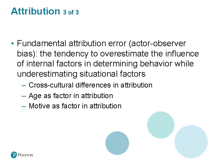 Attribution 3 of 3 • Fundamental attribution error (actor-observer bias): the tendency to overestimate