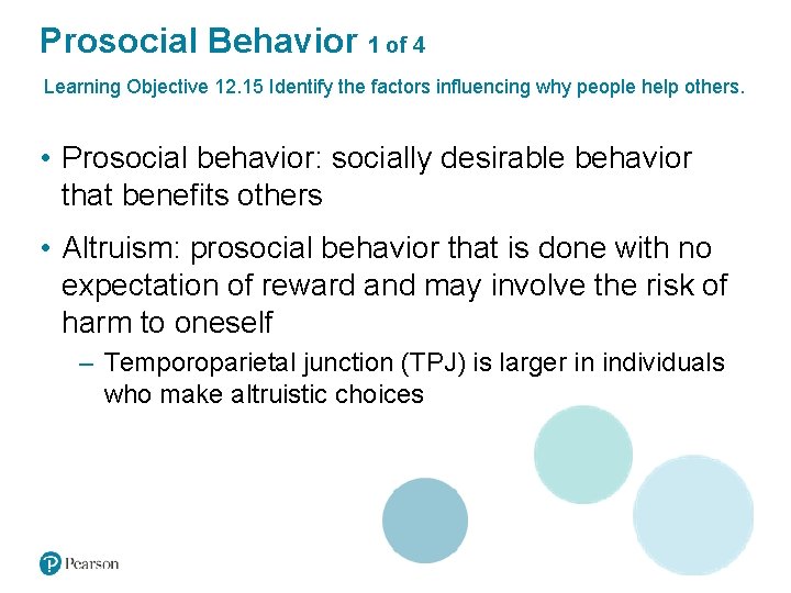 Prosocial Behavior 1 of 4 Learning Objective 12. 15 Identify the factors influencing why