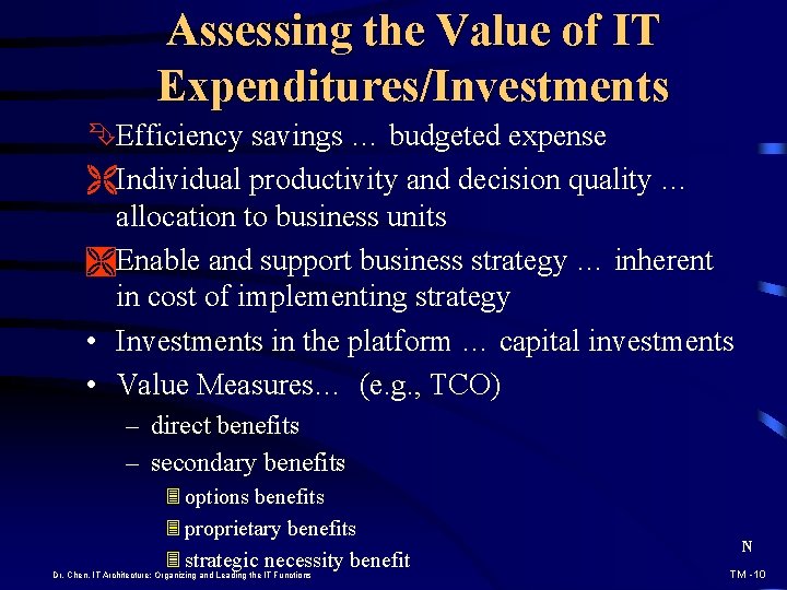 Assessing the Value of IT Expenditures/Investments ÊEfficiency savings … budgeted expense ËIndividual productivity and