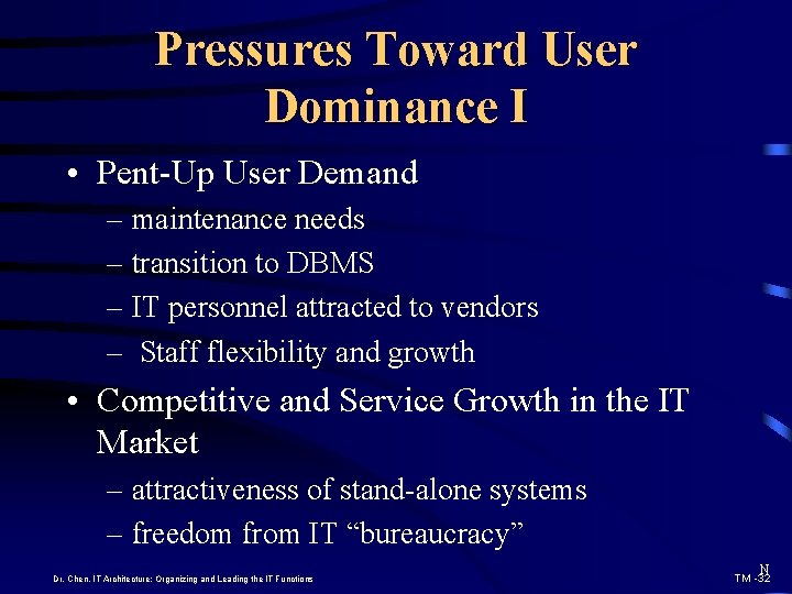 Pressures Toward User Dominance I • Pent-Up User Demand – maintenance needs – transition