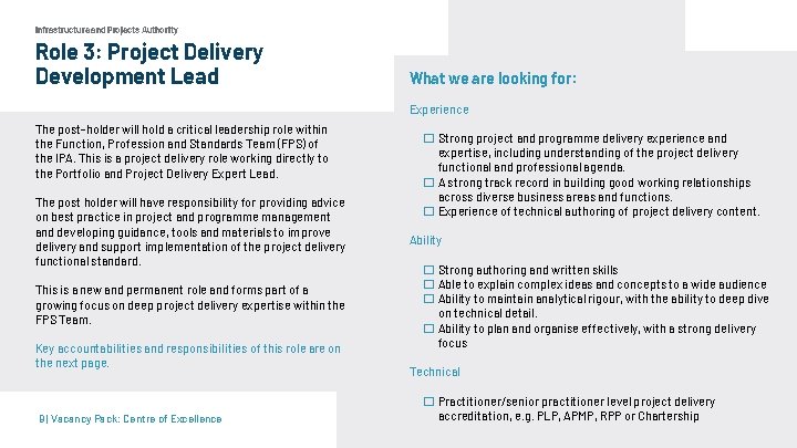 Infrastructure and Projects Authority Role 3: Project Delivery Development Lead What we are looking Infrastructure and Projects Authority Role 3: Project Delivery Development Lead What we are looking