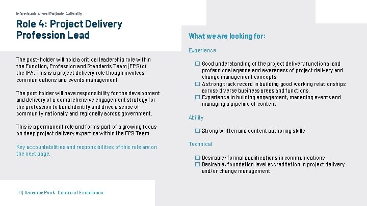 Infrastructure and Projects Authority Role 4: Project Delivery Profession Lead What we are looking Infrastructure and Projects Authority Role 4: Project Delivery Profession Lead What we are looking