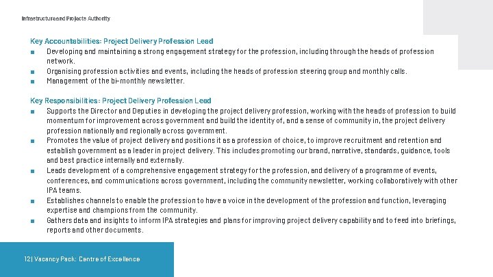 Infrastructure and Projects Authority Key Accountabilities: Project Delivery Profession Lead ■ Developing and maintaining Infrastructure and Projects Authority Key Accountabilities: Project Delivery Profession Lead ■ Developing and maintaining