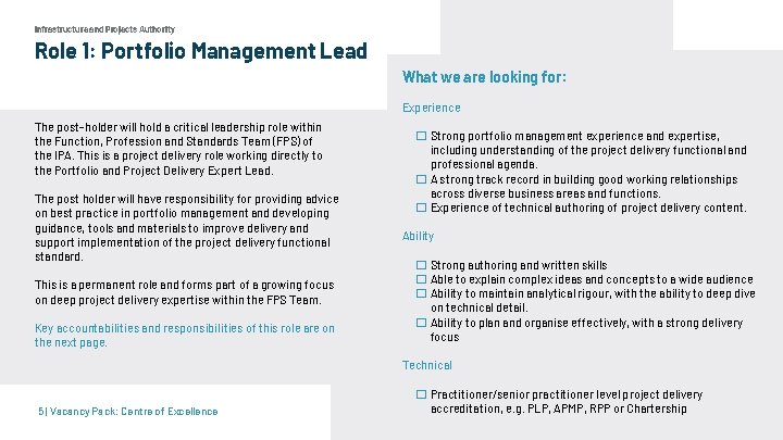 Infrastructure and Projects Authority Role 1: Portfolio Management Lead What we are looking for: Infrastructure and Projects Authority Role 1: Portfolio Management Lead What we are looking for: