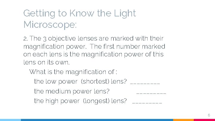Getting to Know the Light Microscope: 2. The 3 objective lenses are marked with
