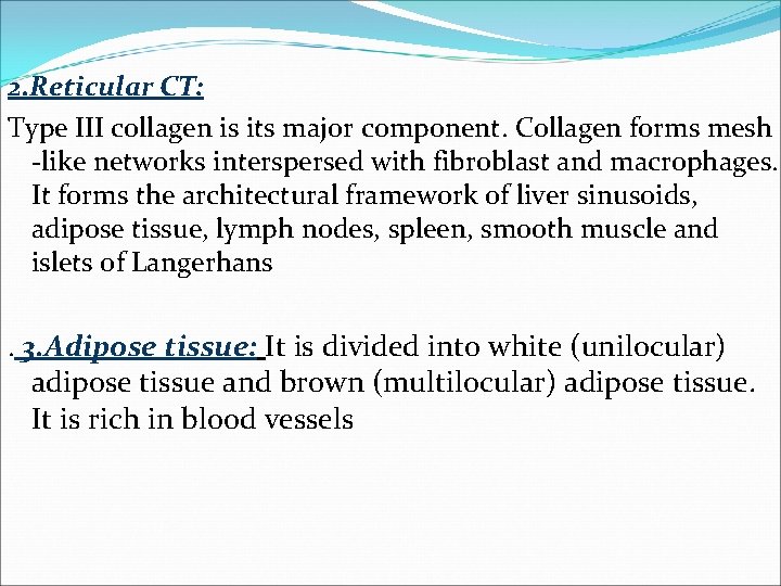 2. Reticular CT: Type III collagen is its major component. Collagen forms mesh -like 2. Reticular CT: Type III collagen is its major component. Collagen forms mesh -like