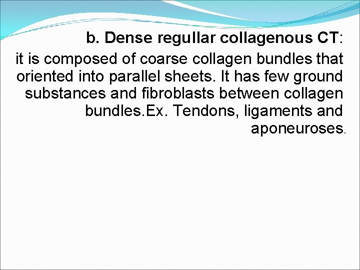 b. Dense regullar collagenous CT: it is composed of coarse collagen bundles that oriented b. Dense regullar collagenous CT: it is composed of coarse collagen bundles that oriented