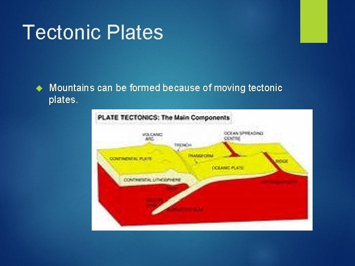 Tectonic Plates Mountains can be formed because of moving tectonic plates. 