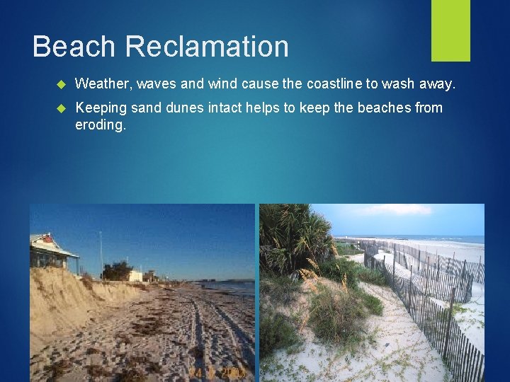 Beach Reclamation Weather, waves and wind cause the coastline to wash away. Keeping sand