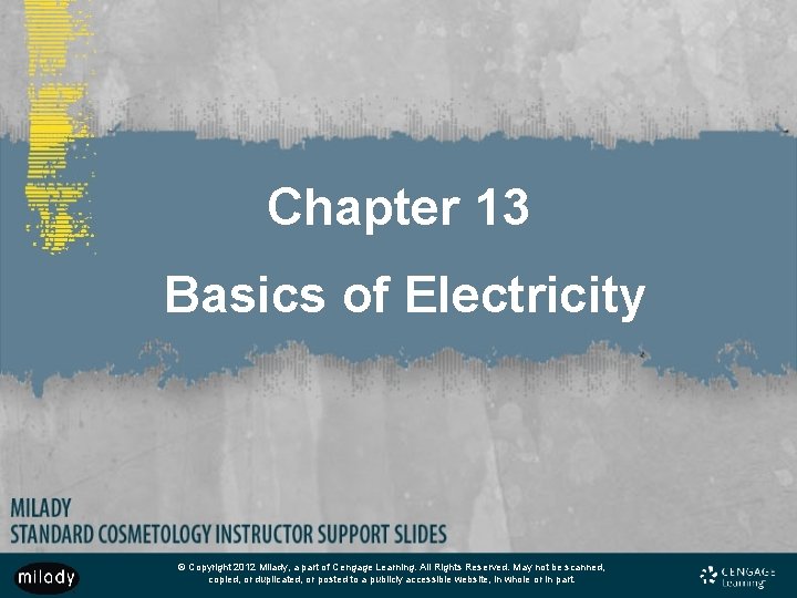 Chapter 13 Basics of Electricity © Copyright 2012 Milady, a part of Cengage Learning.