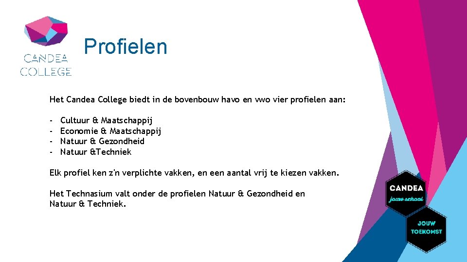 Profielen Het Candea College biedt in de bovenbouw havo en vwo vier profielen aan: