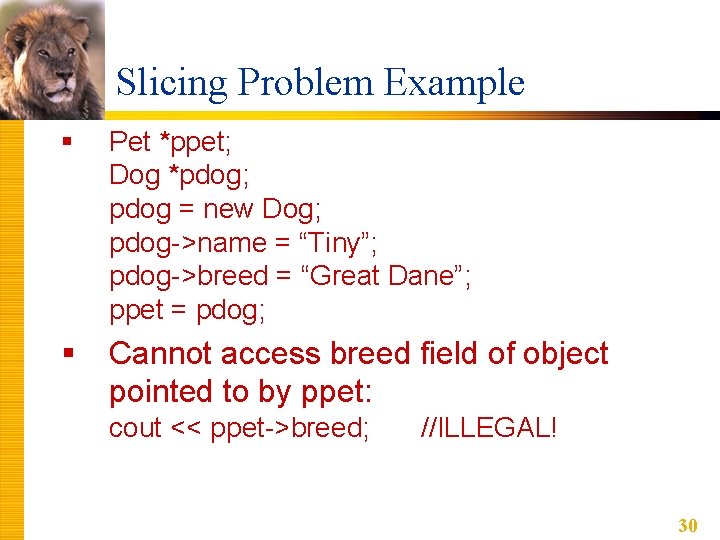 Slicing Problem Example § Pet *ppet; Dog *pdog; pdog = new Dog; pdog->name = Slicing Problem Example § Pet *ppet; Dog *pdog; pdog = new Dog; pdog->name =