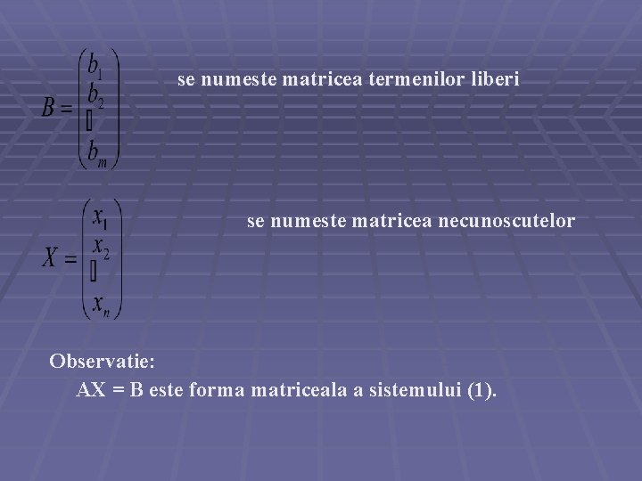 se numeste matricea termenilor liberi se numeste matricea necunoscutelor Observatie: AX = B este
