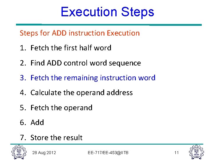 Execution Steps for ADD instruction Execution 1. Fetch the first half word 2. Find