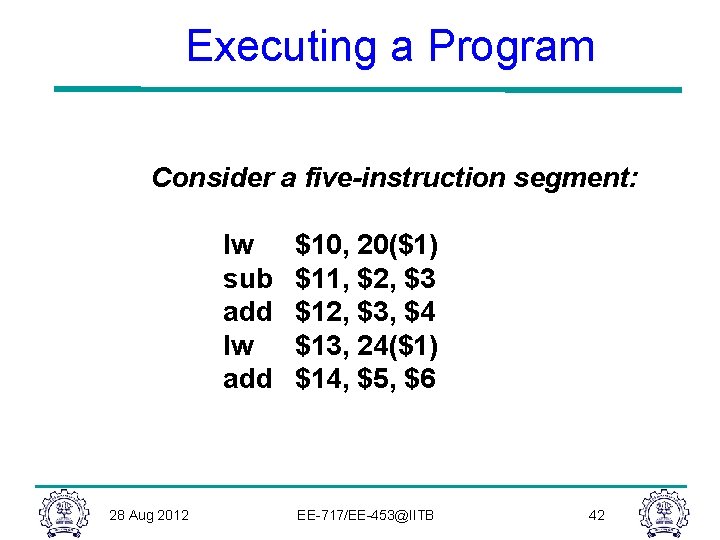 Executing a Program Consider a five-instruction segment: lw sub add lw add 28 Aug