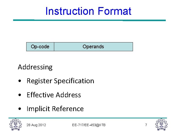 Instruction Format Op-code Operands Addressing • Register Specification • Effective Address • Implicit Reference