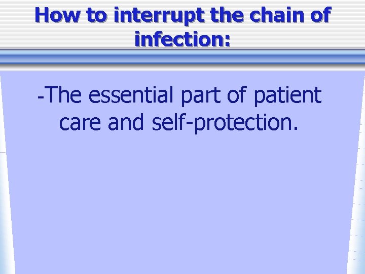 How to interrupt the chain of infection: -The essential part of patient care and