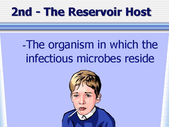 2 nd - The Reservoir Host -The organism in which the infectious microbes reside