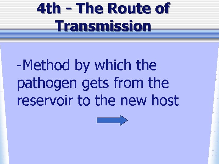 4 th - The Route of Transmission -Method by which the pathogen gets from