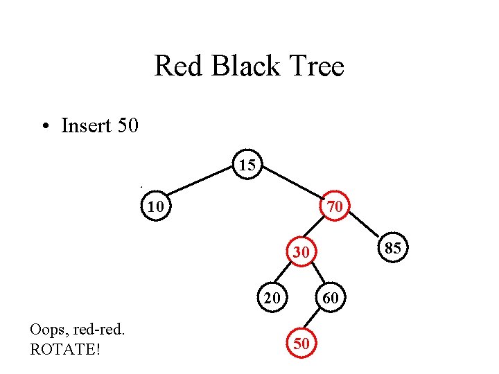 Red Black Tree • Insert 50 15 10 70 85 30 20 Oops, red-red.