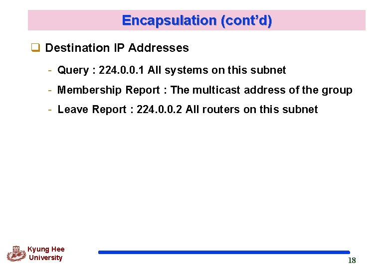Encapsulation (cont’d) q Destination IP Addresses - Query : 224. 0. 0. 1 All