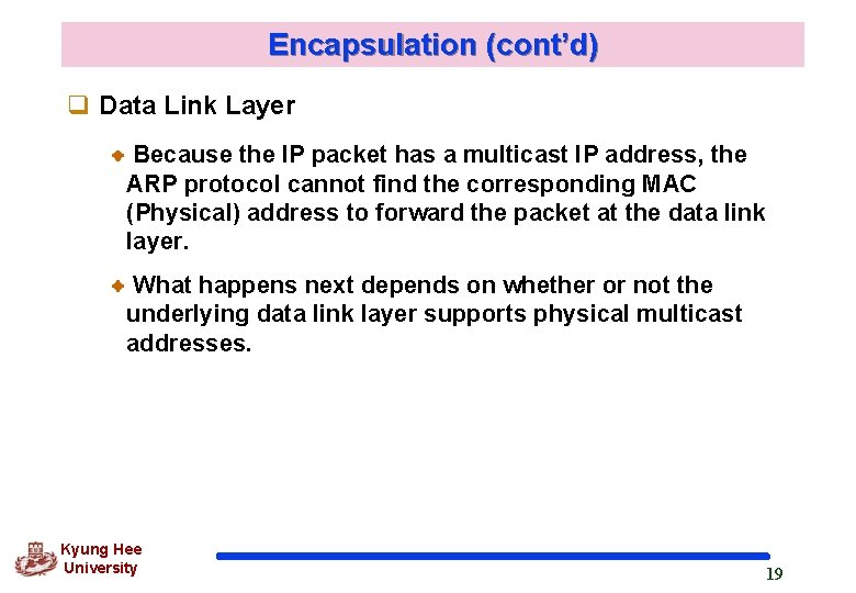 Encapsulation (cont’d) q Data Link Layer Because the IP packet has a multicast IP