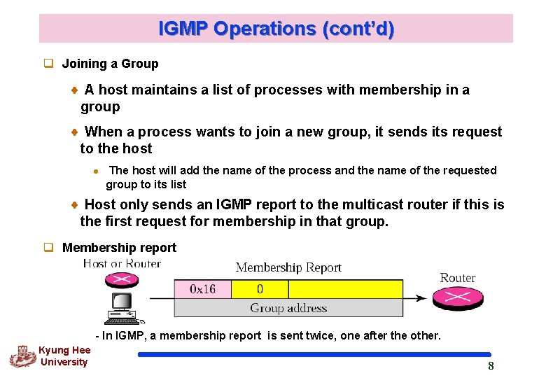 IGMP Operations (cont’d) q Joining a Group A host maintains a list of processes