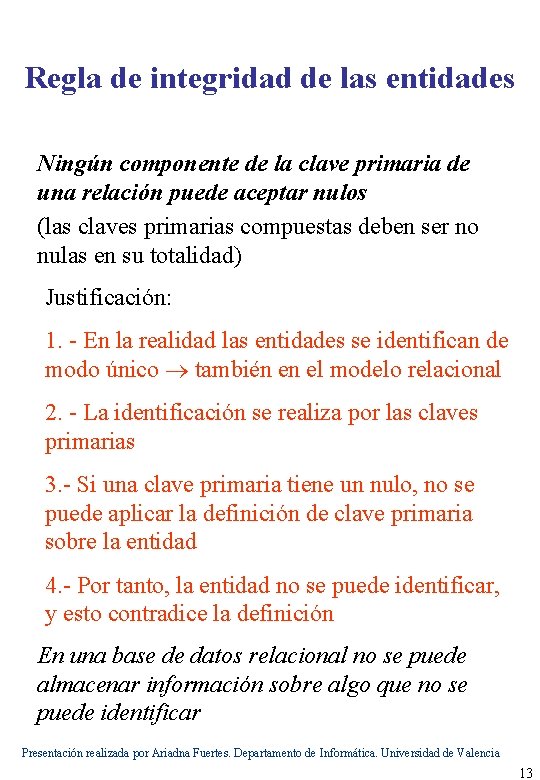 Regla de integridad de las entidades Ningún componente de la clave primaria de una