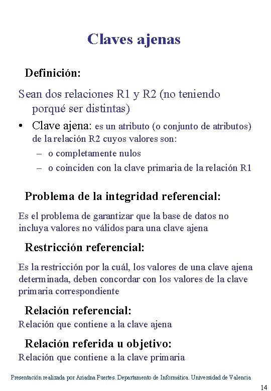 Claves ajenas Definición: Sean dos relaciones R 1 y R 2 (no teniendo porqué