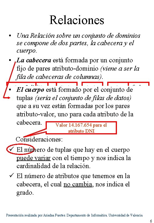 Relaciones • Una Relación sobre un conjunto de dominios se compone de dos partes,