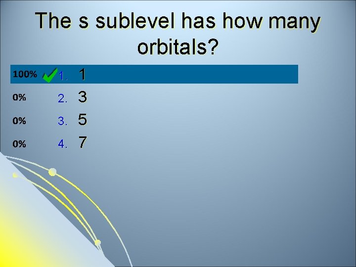 The s sublevel has how many orbitals? 1. 2. 3. 4. 1 3 5