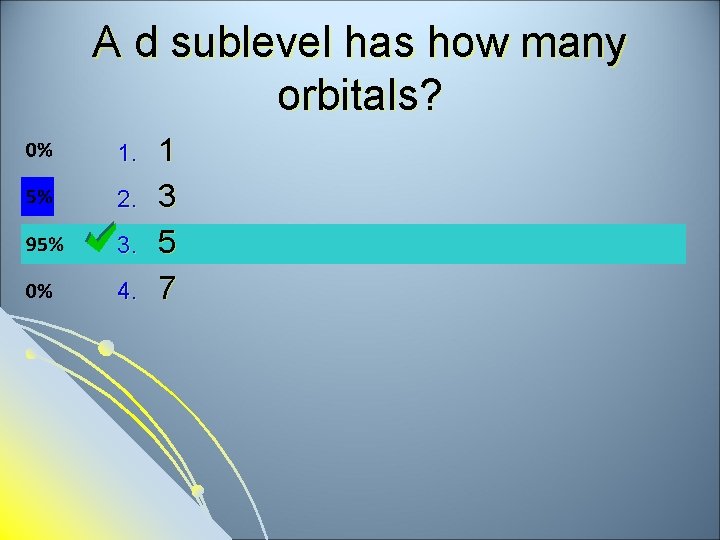 A d sublevel has how many orbitals? 1. 2. 3. 4. 1 3 5