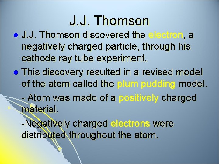 J. J. Thomson discovered the electron, a negatively charged particle, through his cathode ray