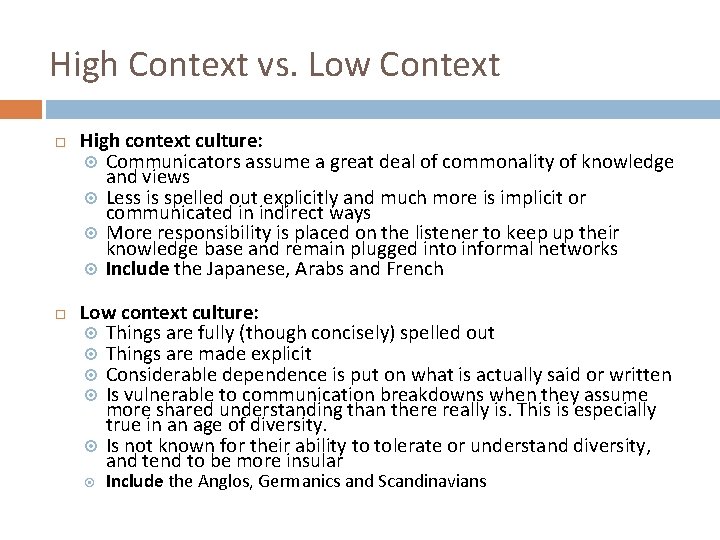 High Context vs. Low Context High context culture: Communicators assume a great deal of